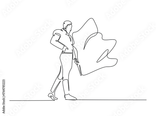 Spanish bullfighter - Matador in single outline illustration. Continuous line art drawing of matador during the bullfight. Editable stroke.