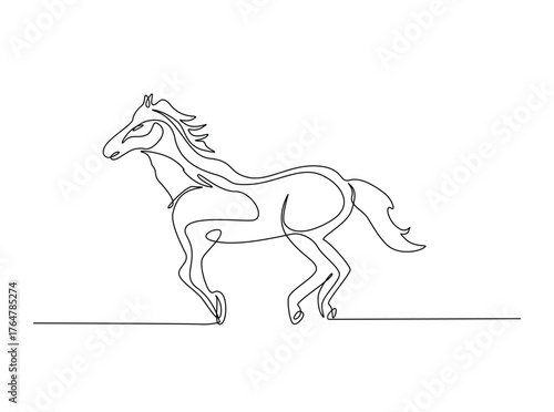 Wild horse art in single outline illustration. Continuous line art drawing of wild stallion.