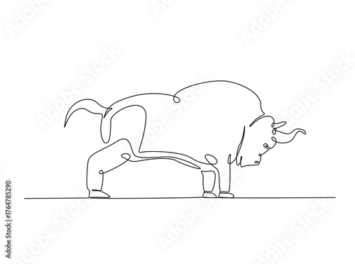 Aggressive bull in single outline illustration. Continuous line art drawing of angry bull.