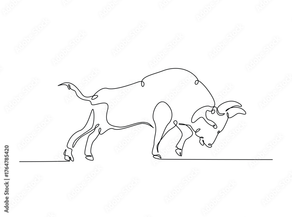 Fototapeta premium Aggressive bull in single outline illustration. Continuous line art drawing of angry bull.