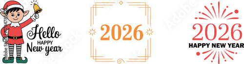 Happy new year 2026 greeting with elf and festive fireworks