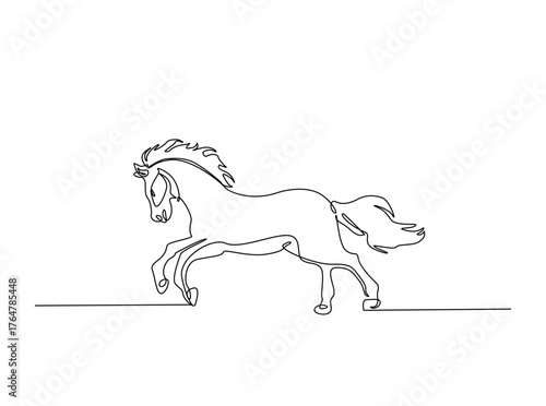 Wild horse art in single outline illustration. Continuous line art drawing of wild stallion.