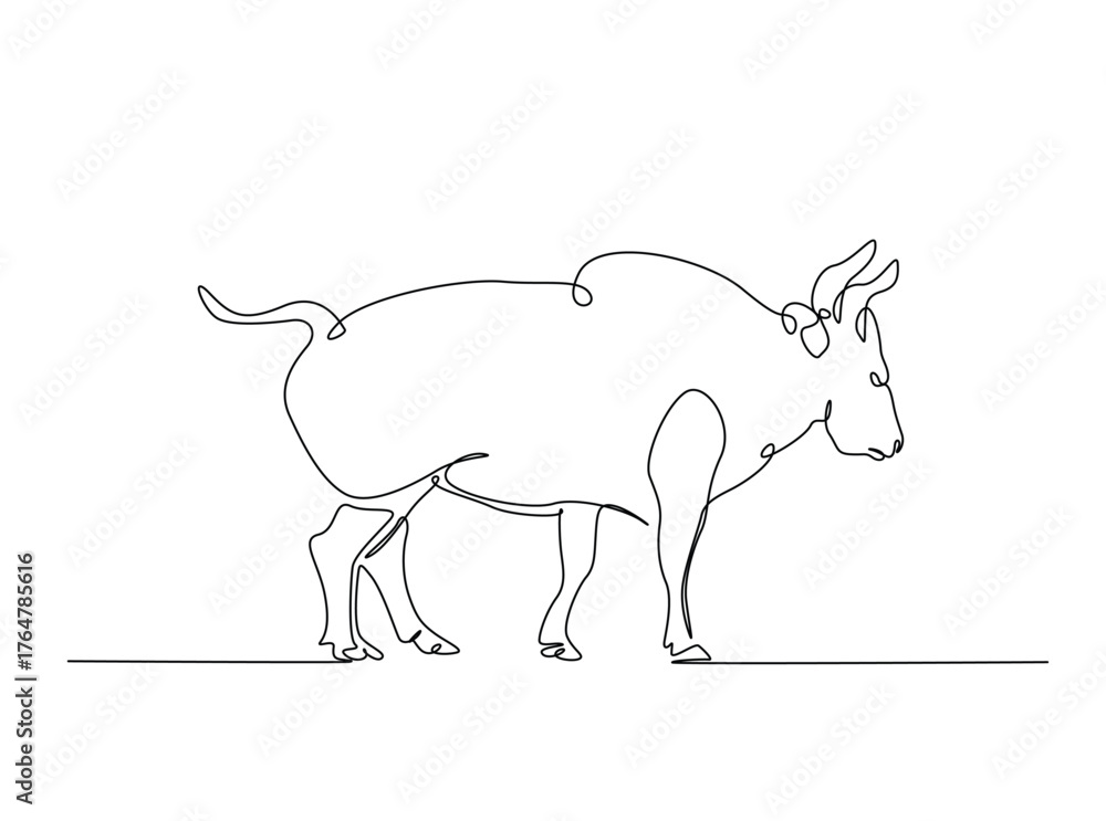 Fototapeta premium Aggressive bull in single outline illustration. Continuous line art drawing of angry bull.