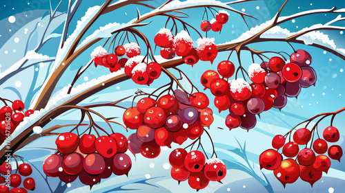 Very beautiful macro view of snow-covered rowanberry branches, red berries shining against a white background, creating a striking contrast in a delicate winter wonderland composition.