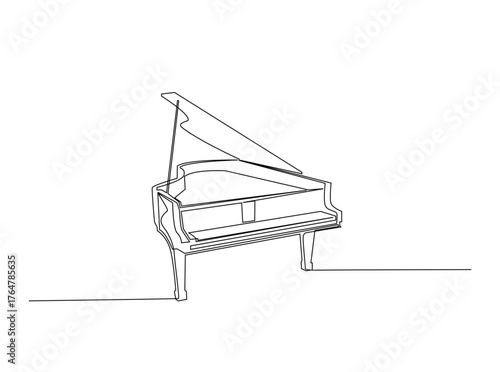 Classic Grand Piano in single outline illustration. Continuous line art drawing of Grand Piano, musican equipment. Editable stroke.