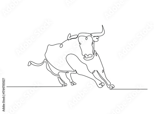 Aggressive bull in single outline illustration. Continuous line art drawing of angry bull.