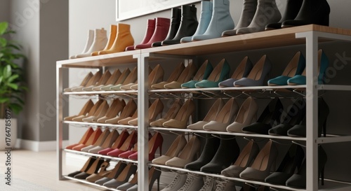 A well-organized shoe rack with various pairs of shoes in different colors and styles.
