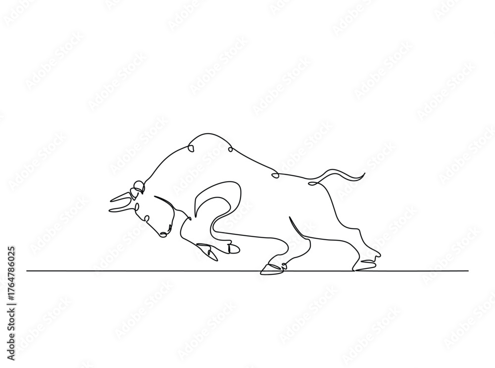Fototapeta premium Aggressive bull in single outline illustration. Continuous line art drawing of angry bull.