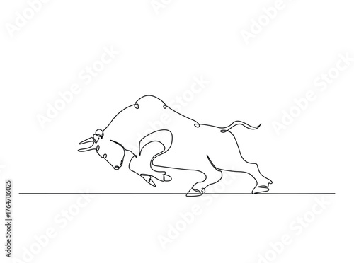 Aggressive bull in single outline illustration. Continuous line art drawing of angry bull.