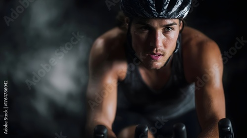 A determined athlete sweats intensely while cycling indoors embodying peak physical exertion and focus
