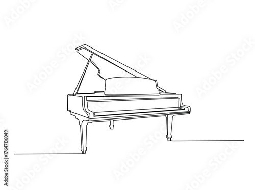 Classic Grand Piano in single outline illustration. Continuous line art drawing of Grand Piano, musican equipment. Editable stroke.