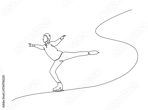 Figure ice skating in single outline illustration. Continuous line art drawing of ice skating dancer. Editable stroke.