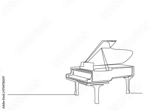 Classic Grand Piano in single outline illustration. Continuous line art drawing of Grand Piano, musican equipment. Editable stroke.