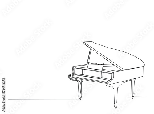 Classic Grand Piano in single outline illustration. Continuous line art drawing of Grand Piano, musican equipment. Editable stroke.