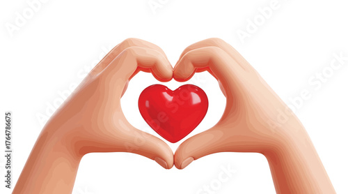 Vector art of 3d rendering of hands forming a heart shape around a red heart, the hands are light skin tone and have a smooth, cartoonish appearance
