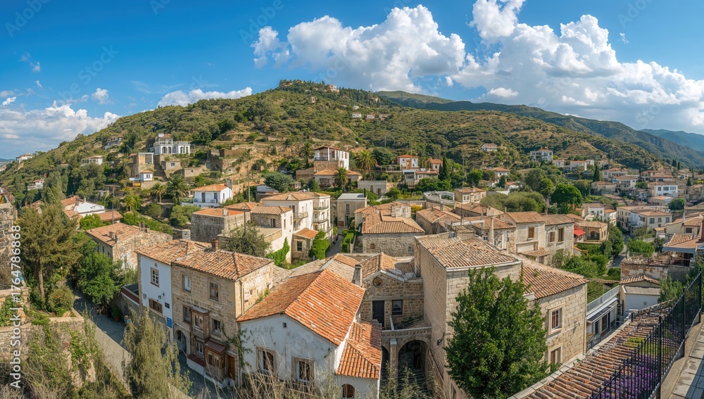 Obraz premium Wide-angle view of a charming mountain settlement with traditional architecture.