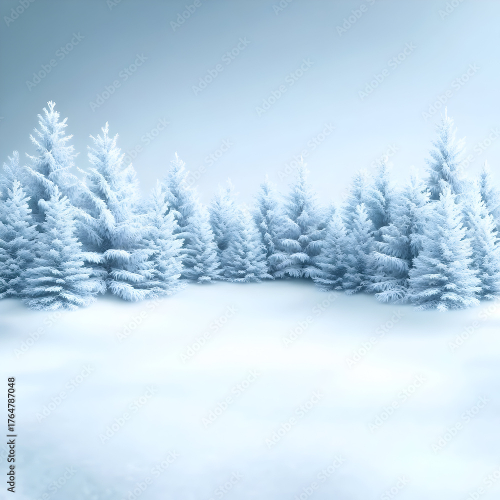 Fototapeta premium Snowy Forest Landscape with Evergreen Trees Covered in Frost.