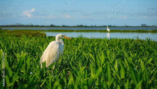 A tall white bird in the mi...