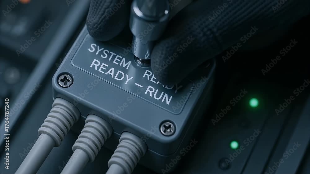 Run Control Material System ready run control box toggle switch turned by gloved hand with ...