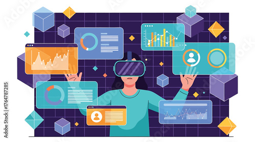 Vector art of a woman wearing a vr headset interacts with floating data visualizations, exploring virtual reality and data analysis in a futuristic, immersive digital environment