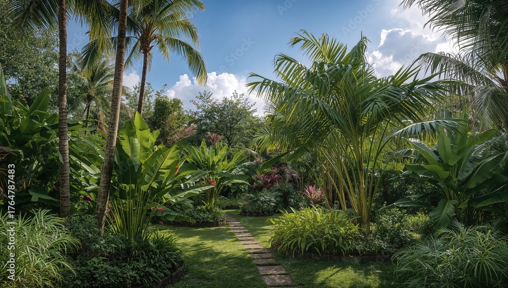 Fototapeta premium A Distinctive Private Garden Featuring Palm and Banana Trees as Key Highlights