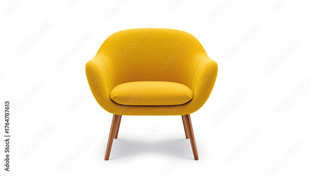 Fototapeta premium Contemporary yellow upholstered chair featuring wooden legs, displayed from the front on a white backdrop.