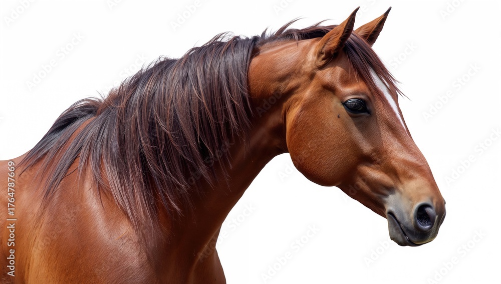 Fototapeta premium Close-up of a dark brown horse against a white backdrop