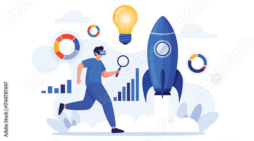Vector art of startup business concept illustration, featuring a man in vr glasses launching a rocket, symbolizing innovation and growth