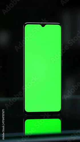 Modern Phone, Green Screen, Dark Wood with a single color screen lights up on phone standing surface distortion, overlay, glitch, static noise, scan lines black background, 4k animated video loop
