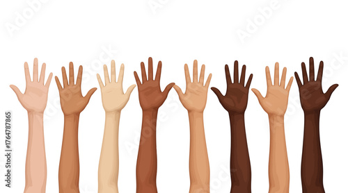 Vector art of diverse hands raised in unity and solidarity, symbolizing inclusivity, equality, and the beauty of human connection in a vibrant and harmonious way