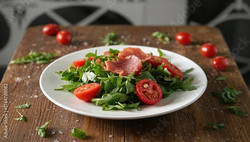 Fresh arugula salad topped ...