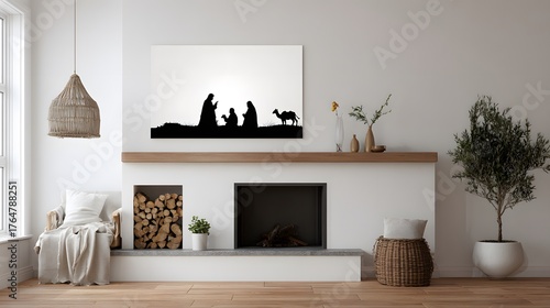 Minimalist Nativity Scene Silhouette Art Print on a Modern Fireplace