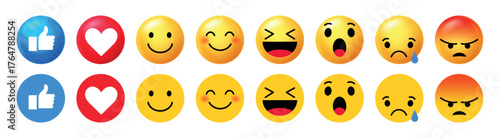 3D emoji reaction icons including like, love, laugh, wow, sad, and angry faces. Modern emoticon set for social media engagement, chat, and digital communication design.
