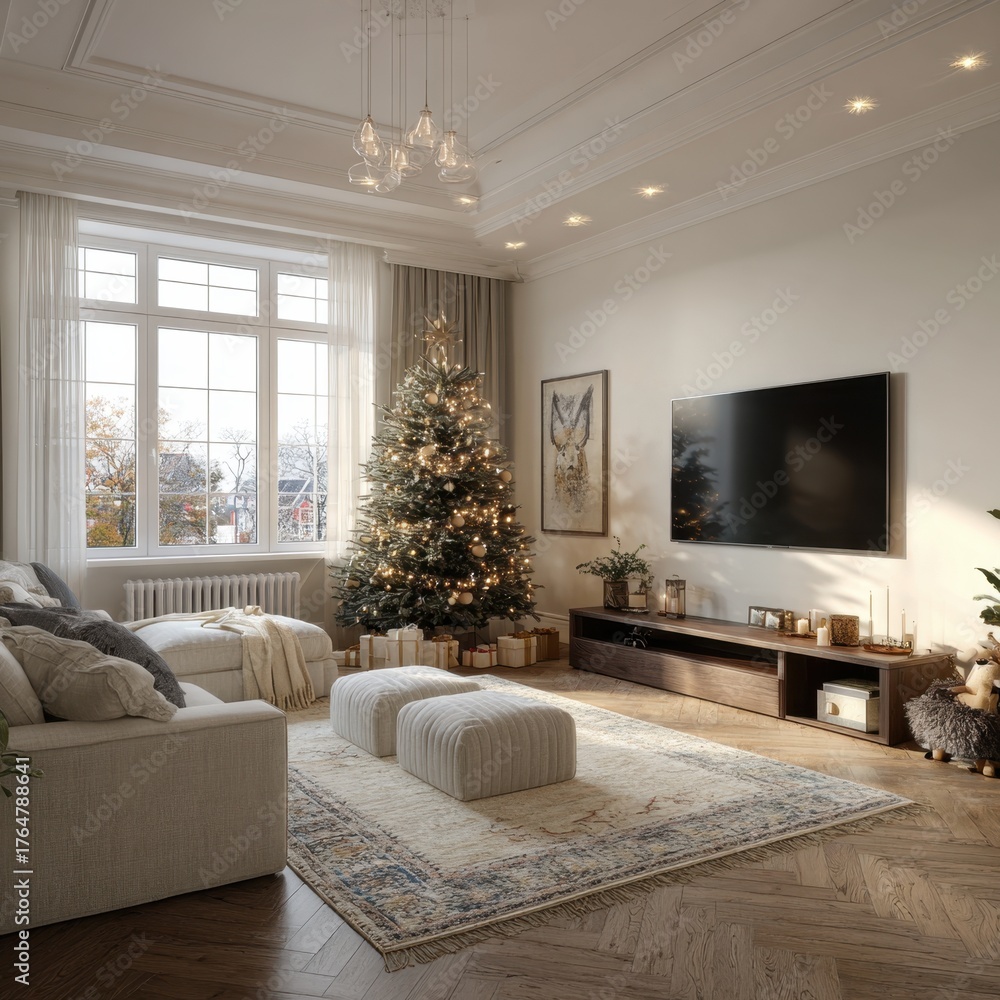 Fototapeta premium Christmas classic living room with neutral tones