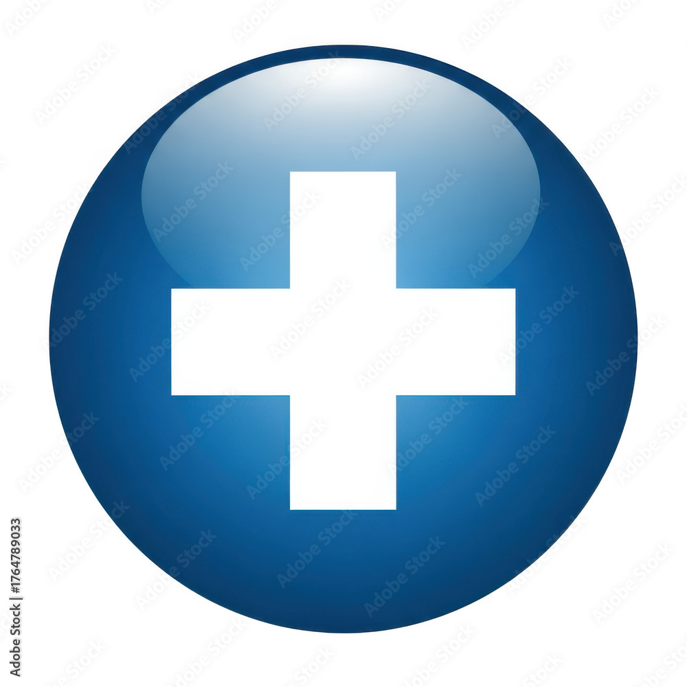 Obraz premium Glossy blue button with white plus sign medical health healthcare service icon transparent background