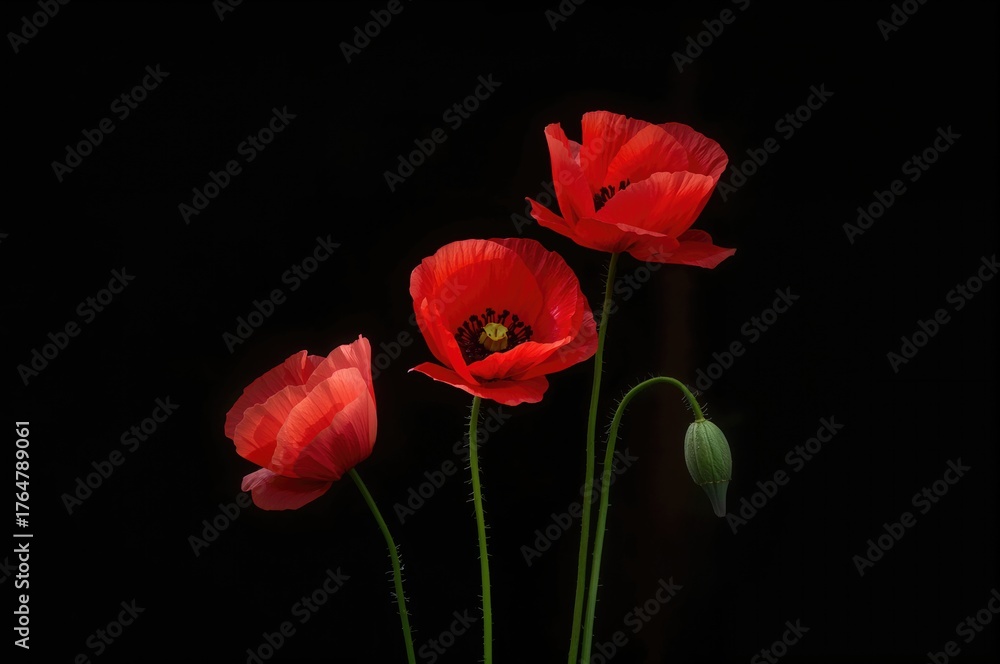 Fototapeta premium Scarlet Poppies Set Against a Dark Backdrop, Abstract Floral Design, Summer Vibes, Isolated Nature Scene, Springtime Landscape