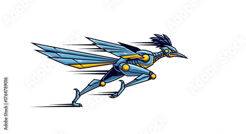 Dynamic futuristic robot roadrunner speeding with speed lines and metallic sheen, ready for action and innovation