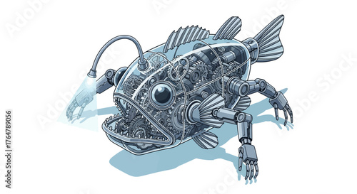 Intricate robotic anglerfish with glowing lure and mechanical limbs, a stunning fusion of nature and technology