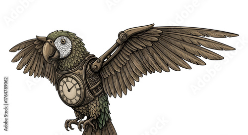 Intricate steampunk parrot with clockwork body and outstretched wings, a unique artistic creation symbolizing time and nature fused.