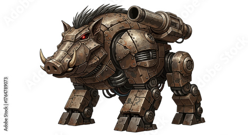 Fierce steampunk warthog mech with glowing red eyes and powerful cannon, ready for battle in a fantasy game environment