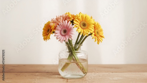 Wallpaper Mural Colorful Gerbera blooms arranged in a vase atop an antique wooden surface Torontodigital.ca