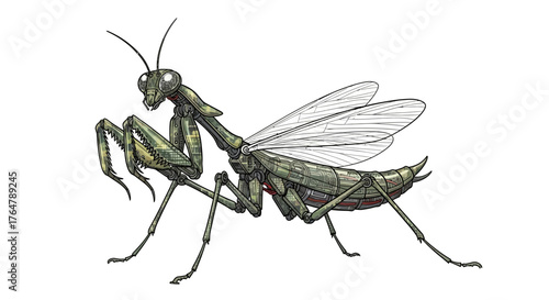 Intricate mechanical praying mantis illustration, a futuristic insect design with detailed robotic components and wings, perfect for science fiction or tech concepts.