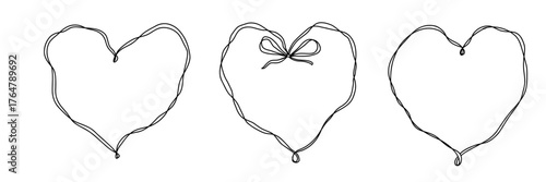 Set of hand drawn boho heart ribbon frames. Valentines Day, wedding, Save the Date romantic design elements for invitations, greeting cards. Cute line drawing. Coquette flirty girly illustration