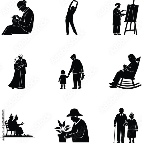 Vector art of silhouettes of senior people doing activities