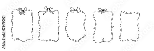 Doodle hand drawn frames with wavy lines, bows, and ribbons. Coquette retro set. Trendy vintage whimsical borders for wedding invitations, birthday card, Christmas prints. Vector modern illustration