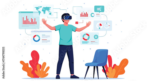 Vector art of man with vr glasses interacting with data charts and world map, representing virtual reality and data analysis in modern technology