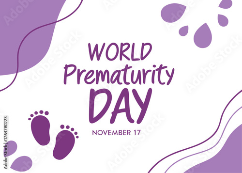 World Prematurity Day design with baby feet and purple abstract shapes on white background