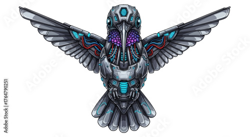 Futuristic mechanical hummingbird with intricate cybernetic details and vibrant glowing circuits, symbolizing advanced technology and innovation