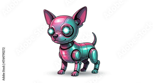 Futuristic robotic chihuahua with glowing eyes and metallic sheen, a charming blend of technology and pet companionship for modern designs