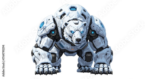 Powerful futuristic polar bear robot warrior with glowing blue eyes, ready for action in a snowy environment